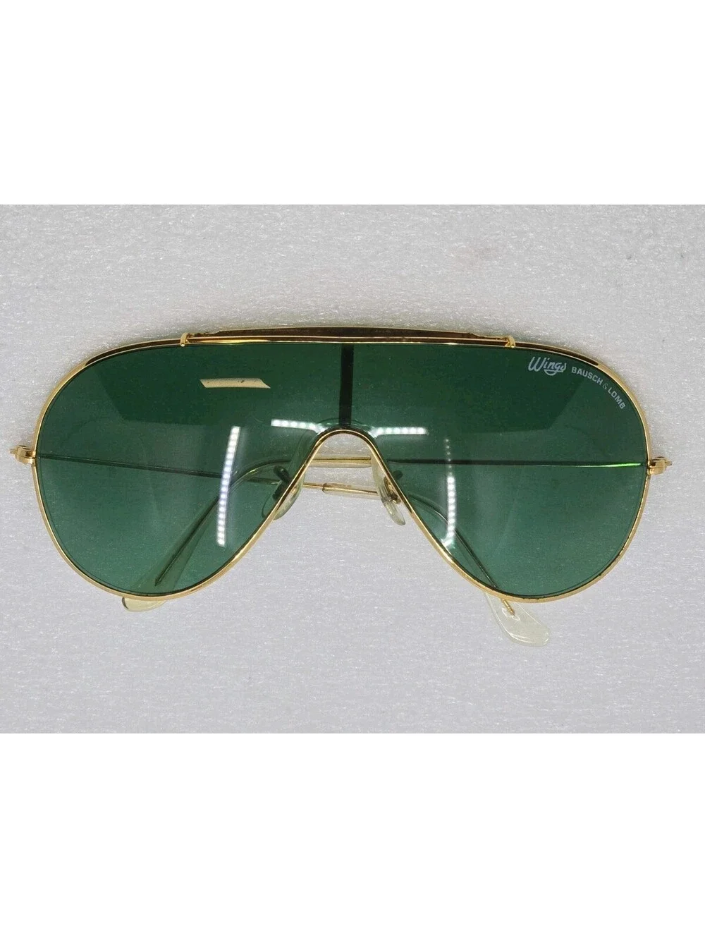 1980s Bausch & Lomb Ray-Ban Wings Sunglasses Gold Frame Green G15 Shield Lens